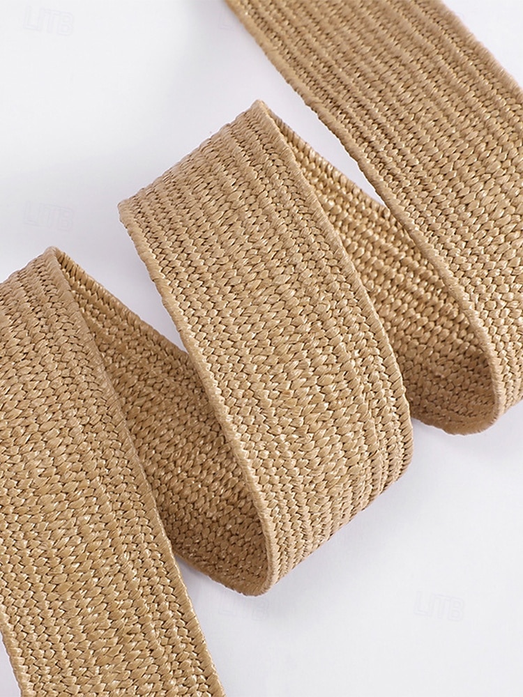 Cinturón tejido bohemio para mujer con hebilla de madera vintage, cinturón de malla de paja para vestir, ideal para vacaciones de verano en la playa y uso diario informal, disponible en varios colores. 2026 - $9.99 –P8