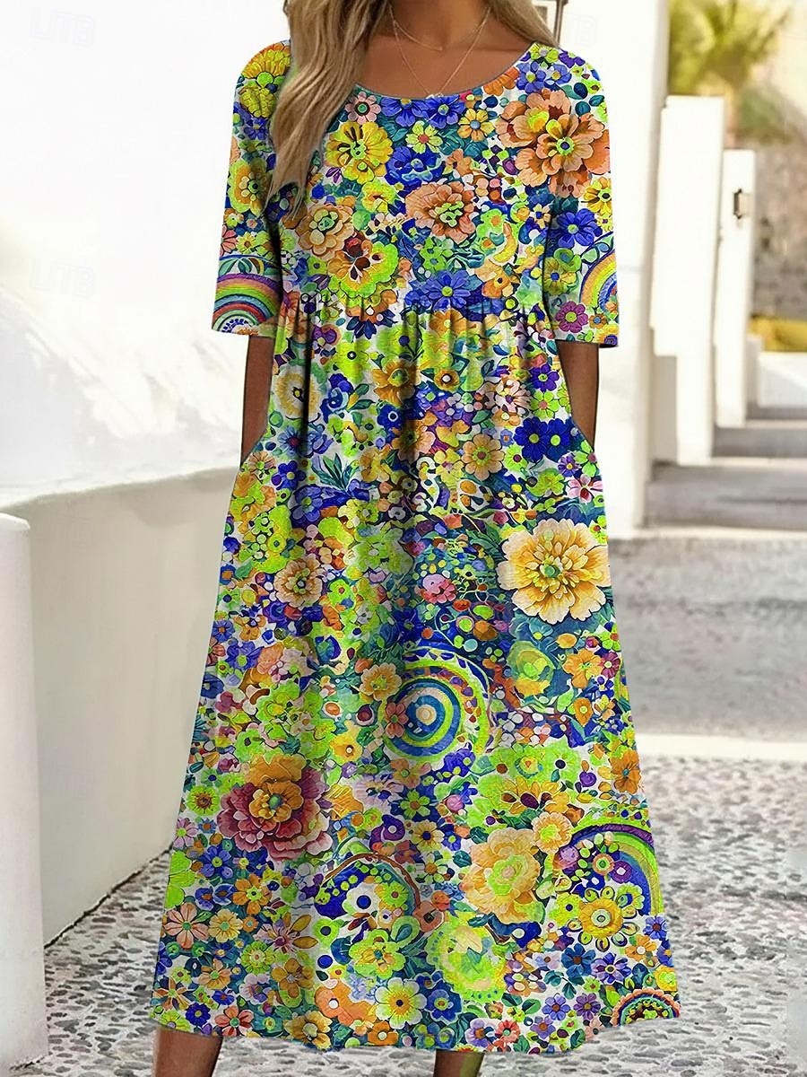 2026年 女性用 ミディドレス カジュアルドレス プリントドレス ファッション アウトドア バケーション お出かけ ルーズフィット フラワー グラフィック 半袖 クルーネック ブルー ライトイエロー パープル グリーン 夏 春  コレクション – $29.99 –P6
