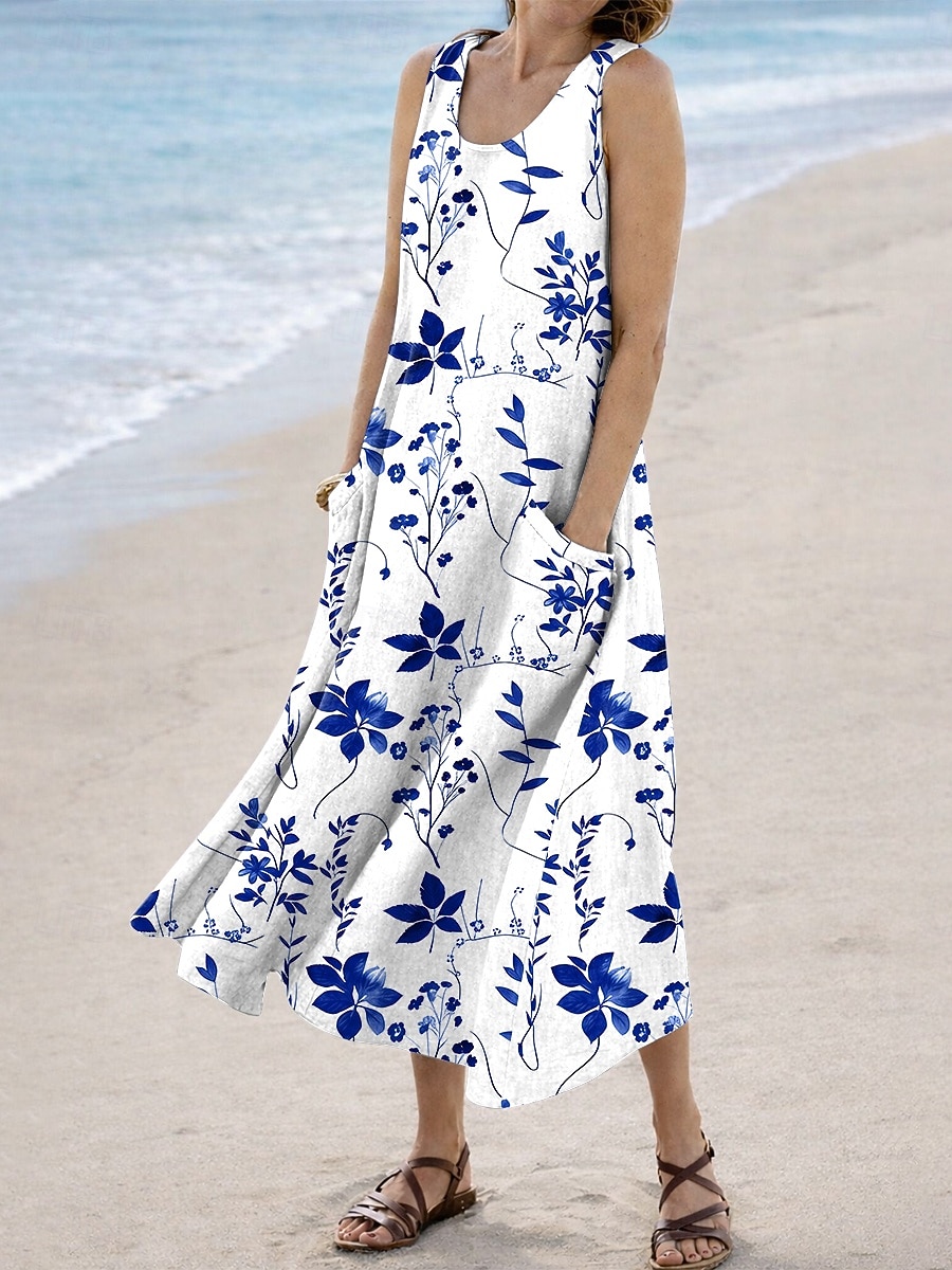 Mujer Vestido Midi Vestido de verano Vestido de una línea Vacaciones Casual Boho Festivos Holgado Floral Graphic Sin Mangas Escote en U Azul Piscina Rojo Morado Verde Trébol Verano Primavera 2026 - $33.99 –P1