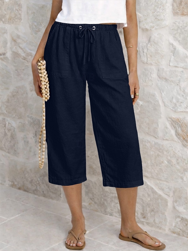 Dam Capribyxor Sommarshorts Beskurna byxor Capri byxor i linne Mode Grundläggande Vadlängd Medium Midja Slät Snörning Ficka Elastisk midja Lättvikt Andningsfunktion Oelastisk Semester Gata Dagliga 2026 - $22.99 –P17