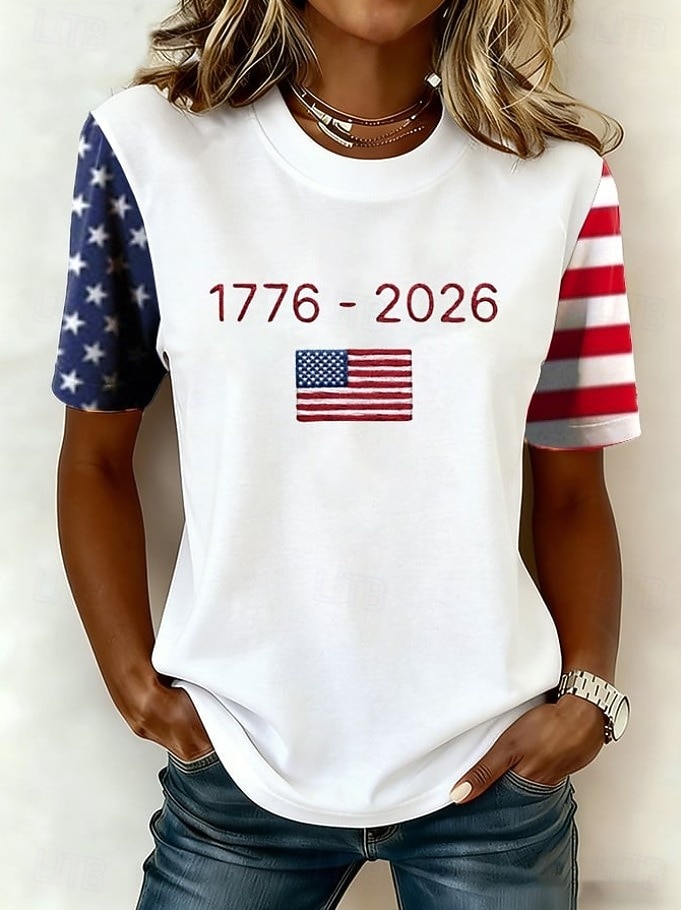 Giorno dell'Indipendenza Americana Per donna Maglietta Stampato Grafico Bandiera Bandiera Americana Elegante Classico Casual Manica Corta Girocollo Top Regolari Quotidiano Bianco Blu marino Estate del 2026 a $22.99 –P3