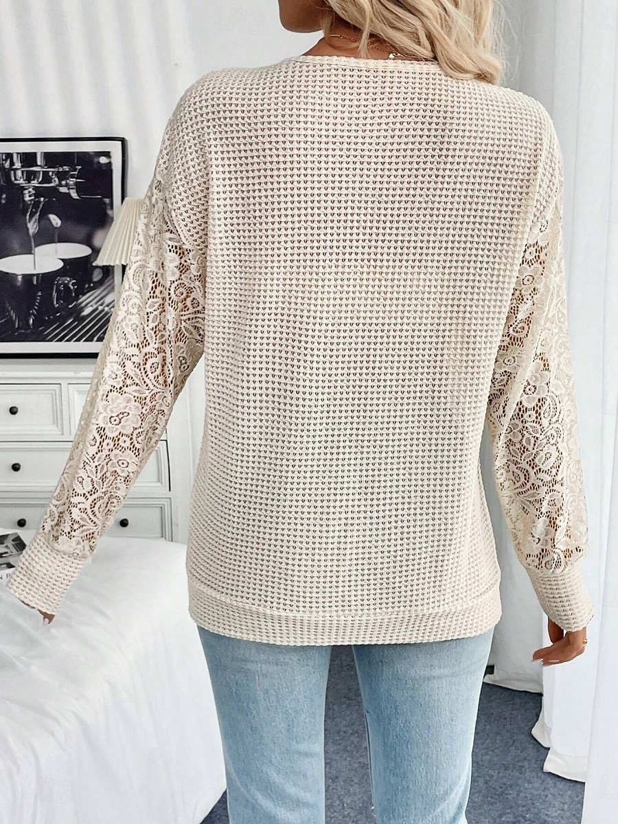 Per donna Maglietta Waffle Maglietta Blusa Top in pizzo Pizzo Semplice Elegante Essenziale Classico Manica Lunga Scollo a V Top Regolari Quotidiano Ferie Uscire Albicocca Estate Primavera del 2026 a $27.99 –P2