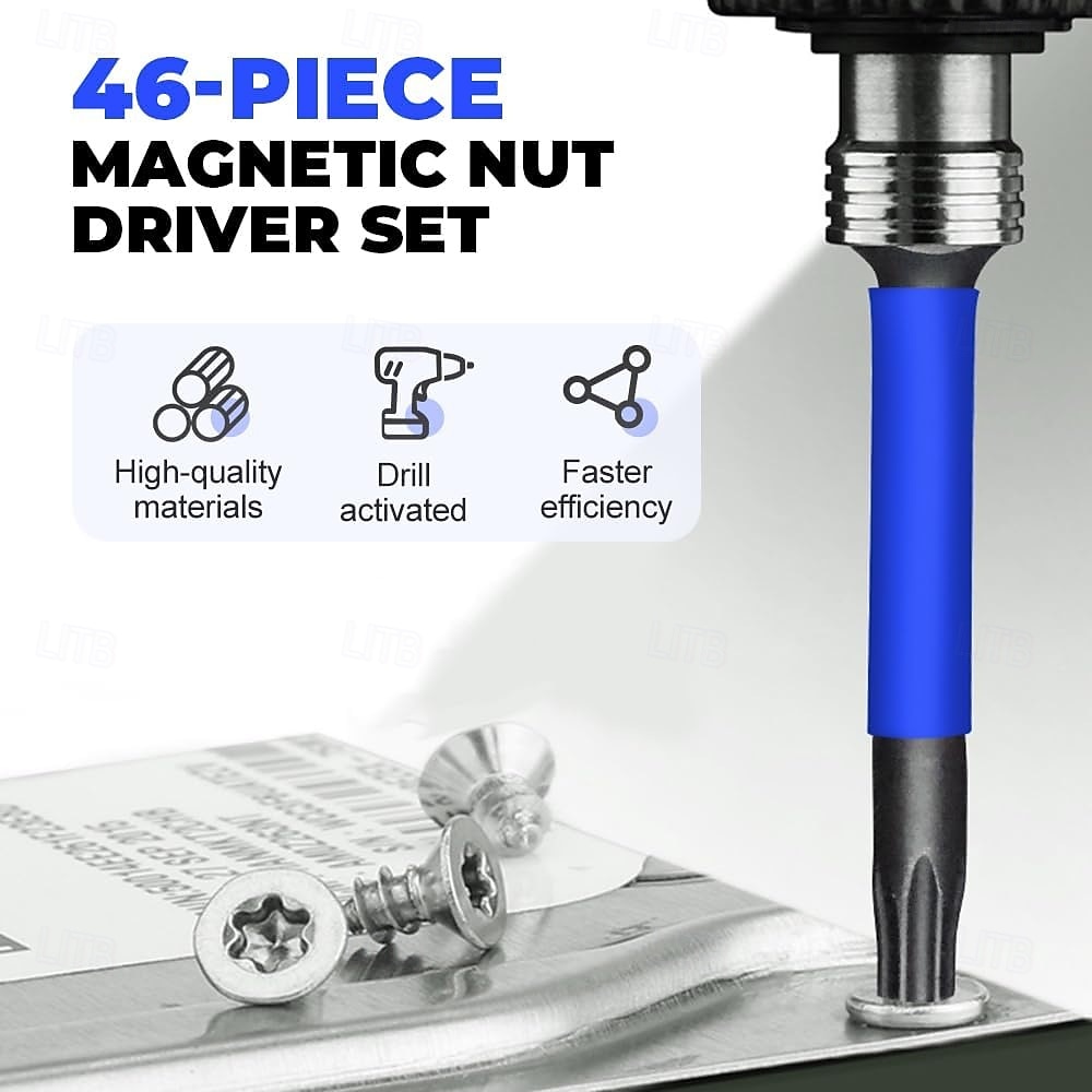 46 darabos mágneses ütvecsavarozó készlet, univerzális dugókulcsok, metrikus dugókulcsok, csavarhúzóbitek, dugókulcs-adapterek, fúróhosszabbítók, szárnyasanya-behajtó, festett ötvözött acél, 2026 - $42.99 –P6