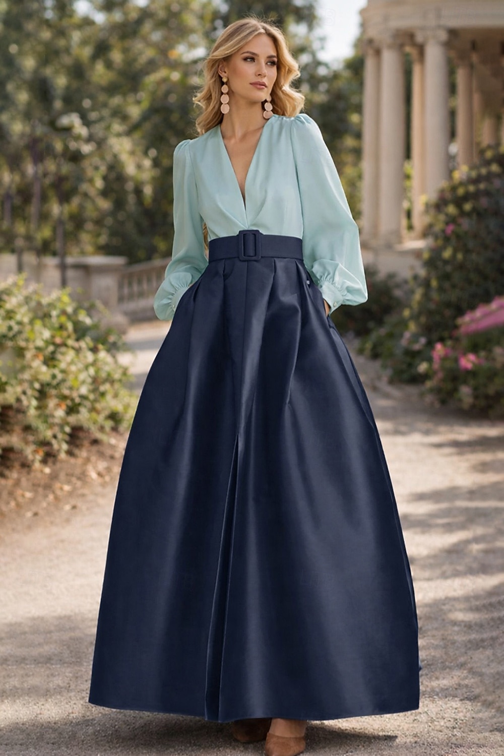 A-Line Floor Length Evening Gown High Split Mother Of The Bride Long Sleeve V Neck Formal Wedding Guest Belt / Sash Satin with Pleats Slit 2026 - $172.99 –P9