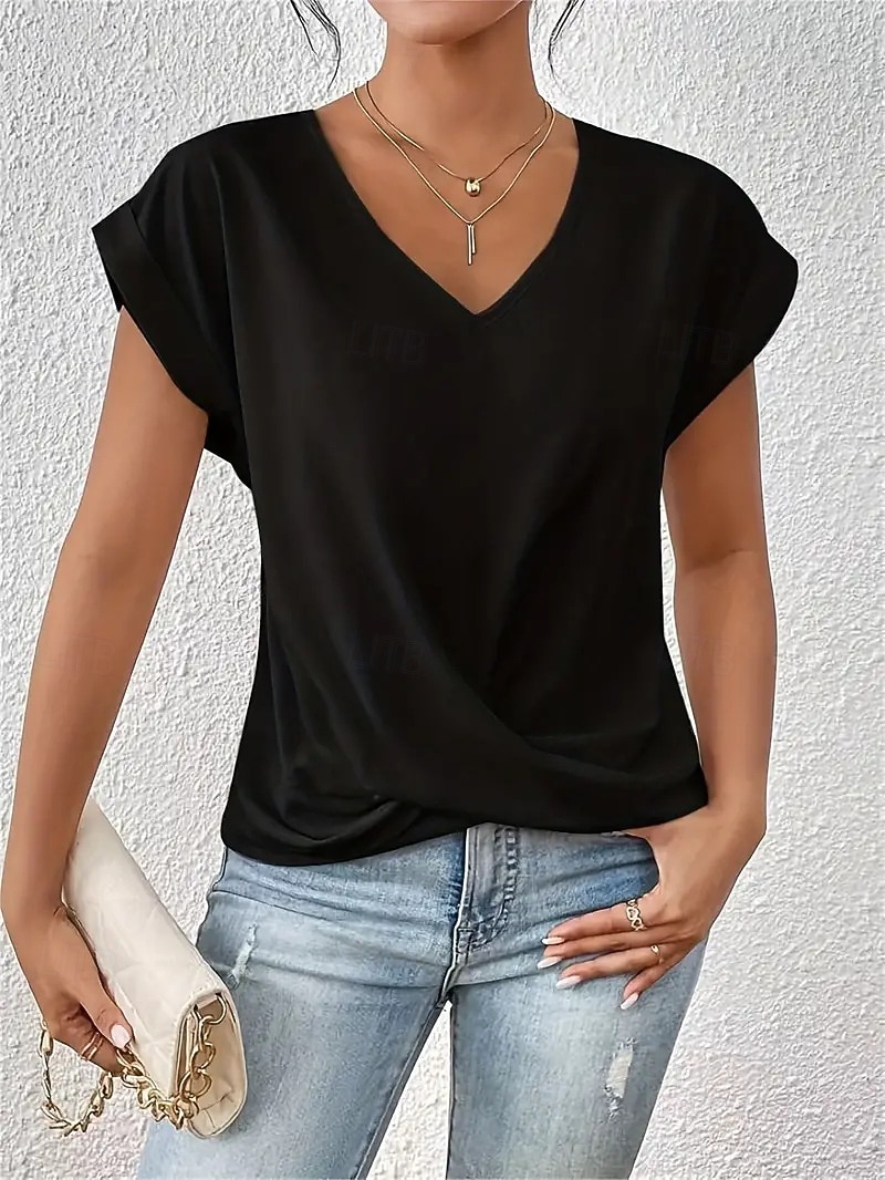 Per donna Maglietta Arricciato Semplice Moda Elegante Classico Manica Corta Scollo a V Top Regolari Quotidiano Uscire Weekend Blu Nero Bianco Vino Rosso Estate Primavera del 2026 a $19.99 –P5
