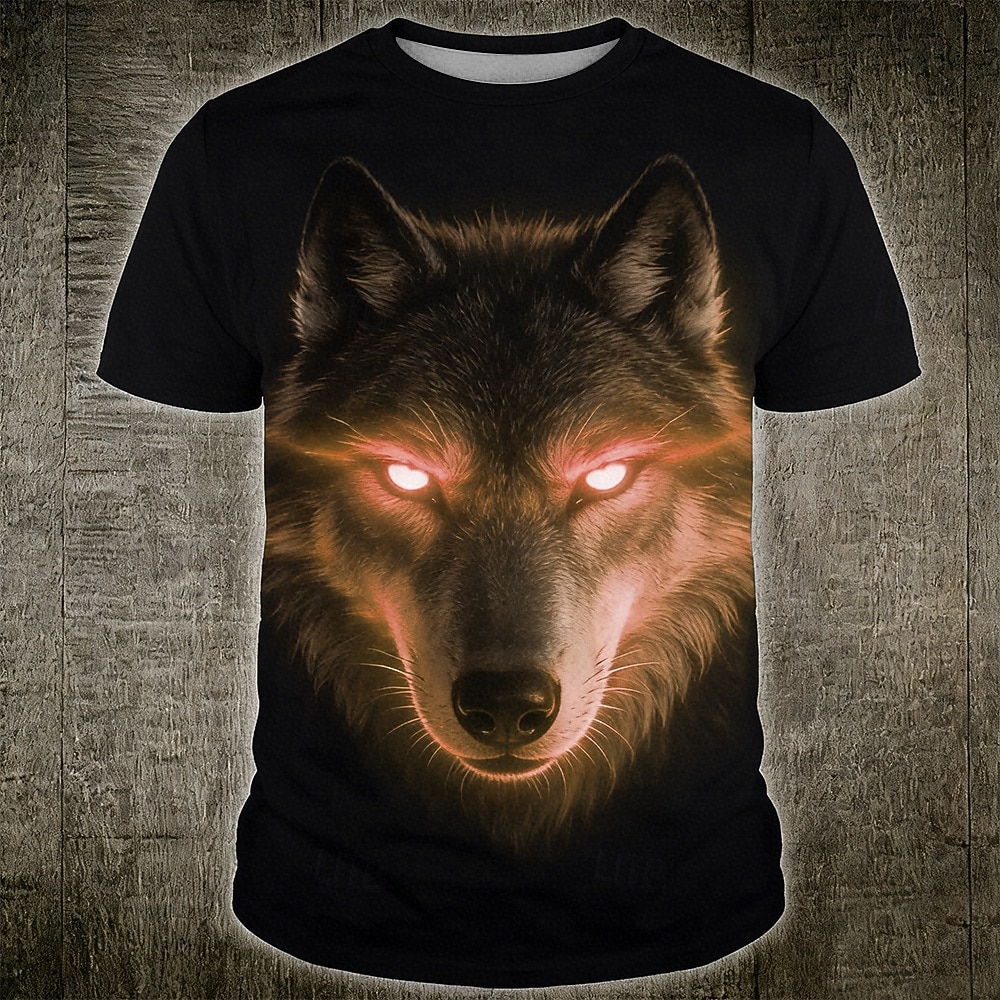 Maglietta da uomo con occhi luminosi al neon, volto di lupo alfa, stile cyberpunk fantasy, stampa all-over, vestibilità regolare, maniche corte, girocollo, abbigliamento casual streetwear, taglie S, del 2026 a $22.99 –P3