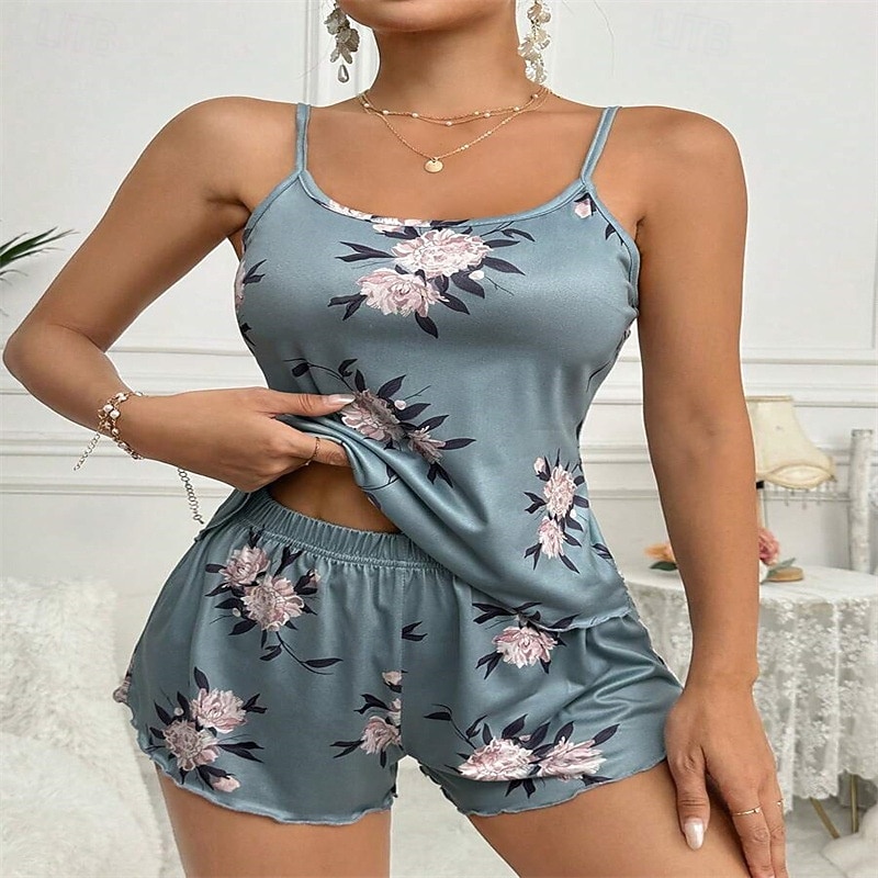 Women's Loungewear Pajama Set Fashion Simple Casual Floral Patchwork Elastic Waist Shorts Home Vacation Sleeveless Straps Lake blue Summer Spring Regular Fit 2026 - $11.49 –P3