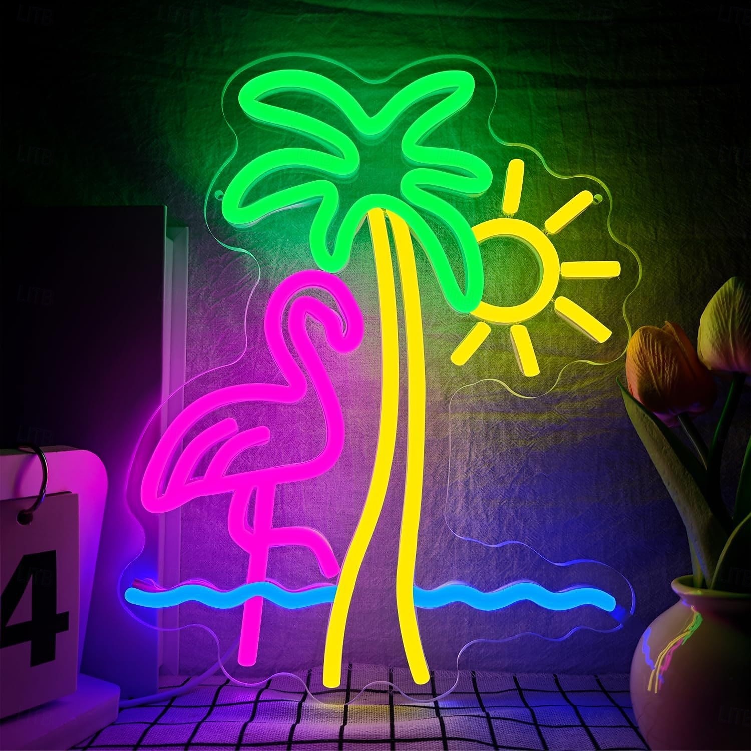 plameňák, koktejl, palma &Nástěnná svítidla s neonovým nápisem s vlnami, napájení přes USB, stmívatelné LED světlo s barevnými možnostmi pro interiér, ložnici, obývací pokoj, hernu, bar, párty, 2026 - $30.99 –P4