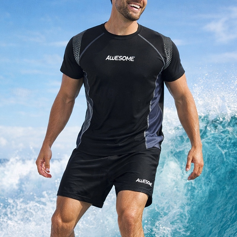 Per uomo Standard Rash Guard in 2 pezzi Maglietta da surf Pantaloncini da bagno Color-blocking Coulisse Con Fodera a Compressione Protezione Solare UV Asciugatura Rapida Traspirante Manica Corta del 2026 a $16.49 –P1