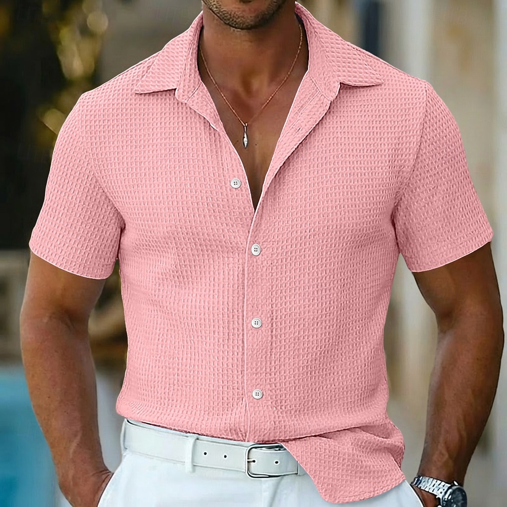 Men's Shirt Waffle Shirt Texture Casual Shirt Button Up Shirt Blue Black White Pink khaki Short Sleeve Plain Lapel Casual Daily Clothing Apparel Fashion Modern Casual Comfortable 2026 - $21.99 –P4