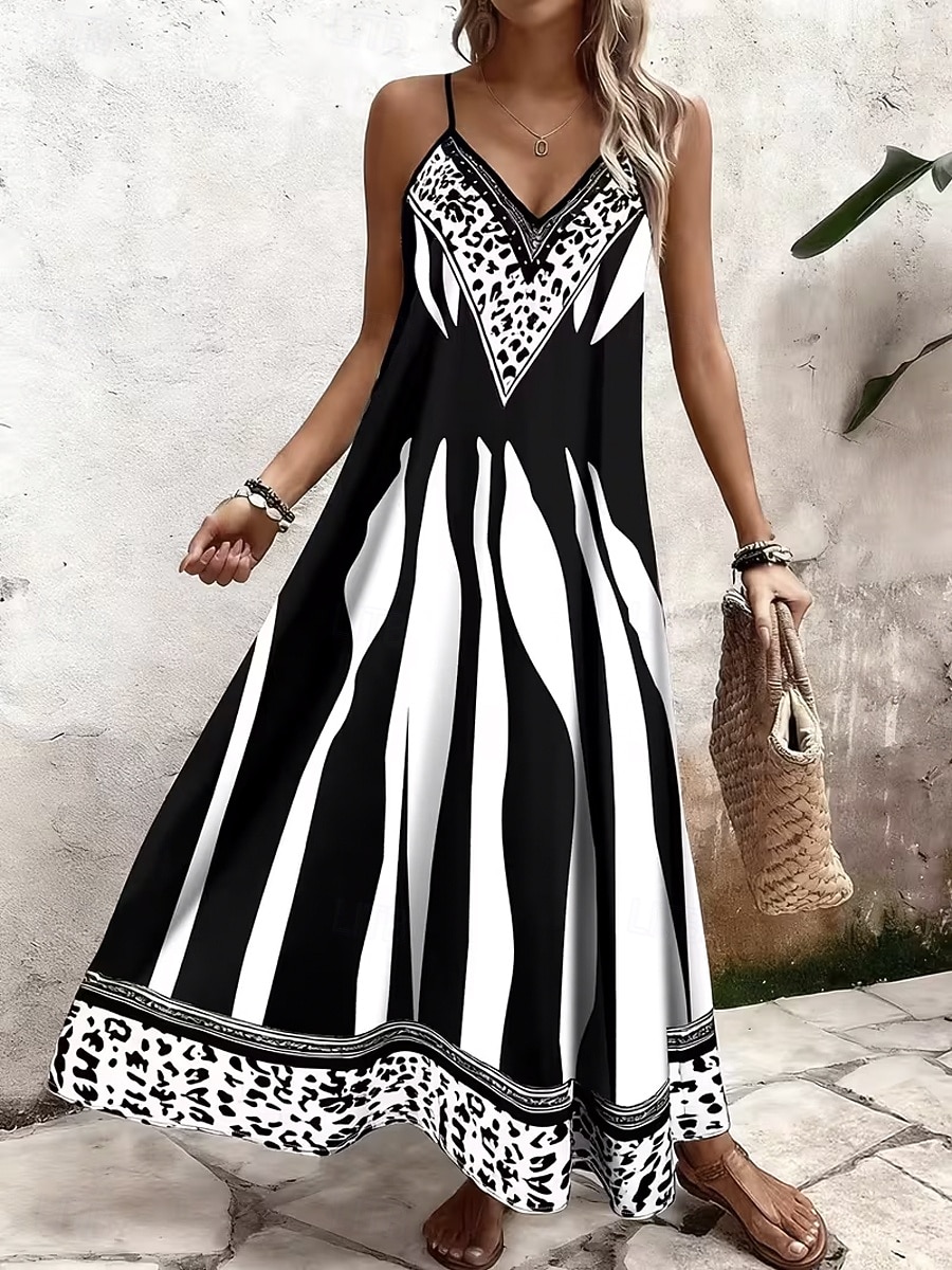 Per donna Abito maxi Vestito Estivo Abito a trapezio Abito Sottoveste Vacanza Casual Spiaggia Uscire Vestibilità regolare Grafico Leopardo Blocco di colori Senza Maniche Scollo a V Nero Estate del 2026 a $36.99 –P1