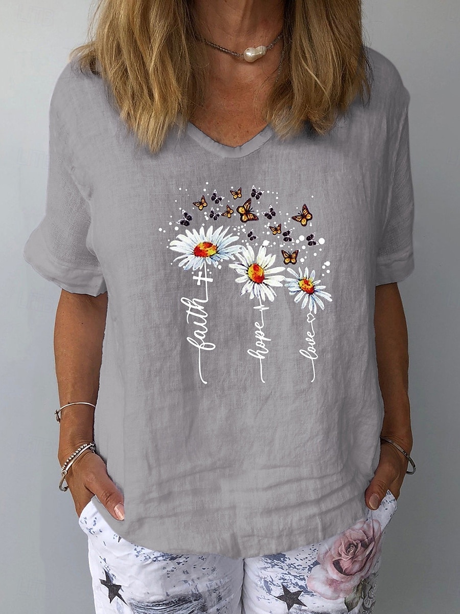 Damen Leinenhemd T Shirt T-Shirt Druck Blumen Grafik Mode Klassisch Lässig Kurzarm V Ausschnitt Normale Oberteile Täglich Ausgehen Wochenende Weiß Gelb Marineblau Grau Leicht Blau Sommer Frühling 2026 - $19.99 –P3