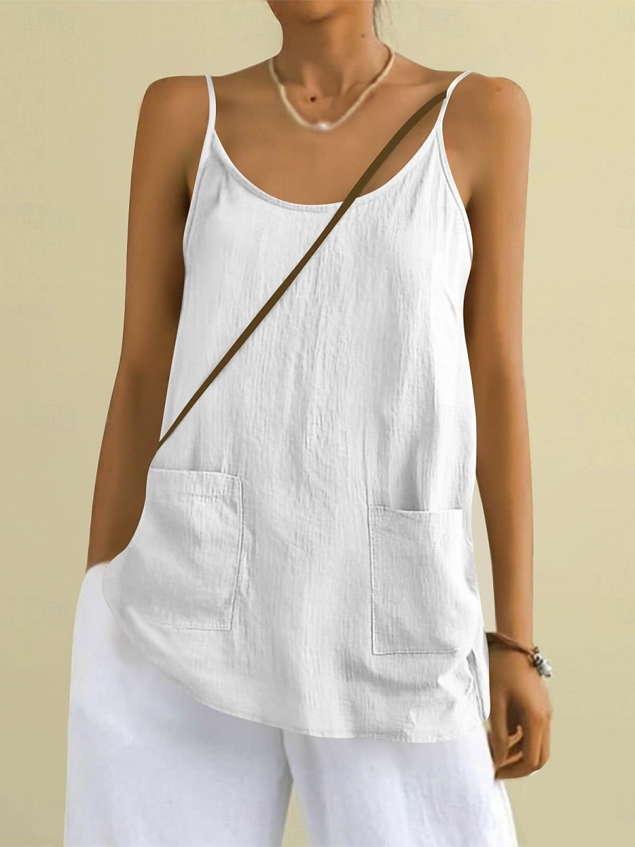 Regata feminina com bolso, lisa, moderna, elegante, clássica, sem mangas, gola redonda, ideal para uso diário, passeios e fins de semana. Cores: azul, preta, branca, amarela, rosa. Verão e primavera. de 2026 por $18.49 –P5