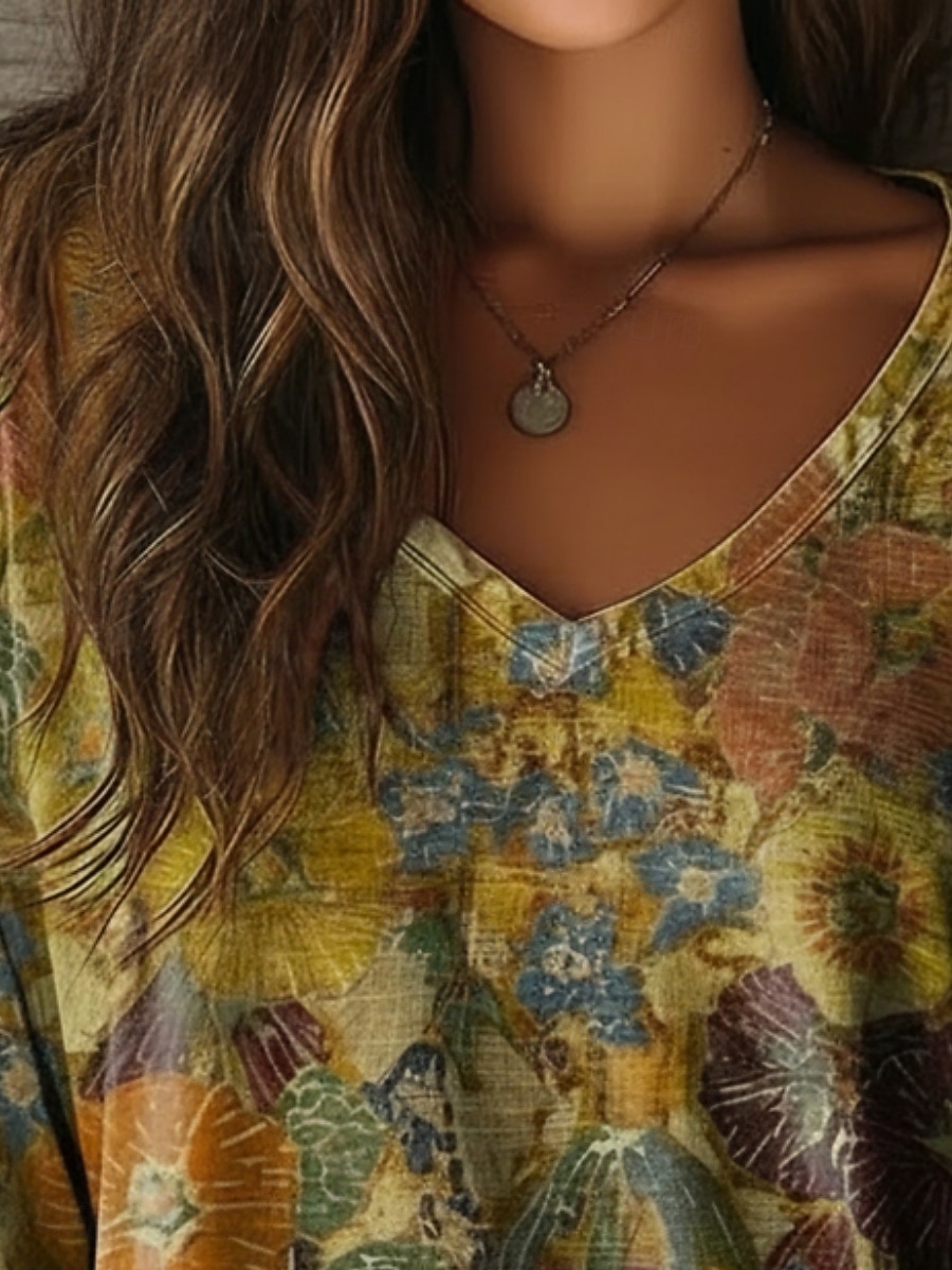 Per donna Maglietta Stampato Floreale Grafico Vintage Classico Casual Manica Lunga Scollo a V Top Regolari Quotidiano Blu Viola Verde Primavera Autunno del 2026 a $26.99 –P2