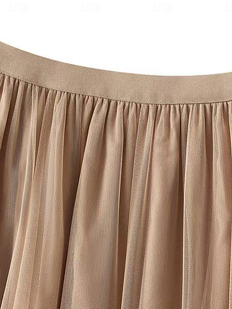 Women's Vacation Skirt Elegant Fashion Cute Casual Maxi Mid Rise Skirts Plain Elastic Waist Layered Mesh Micro-elastic Daily Vacation Apricot Black Pink Wine Summer 2026 - $29.99 –P9