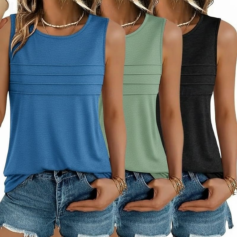 Mehrfachpackungen 3er-Pack Weiblich Rundhals Ärmellos schwarz+weiß+grün Tanktop Weste Ärmelloses Shirt Einfarbig Lässig Täglich Polyester Sommer 2026 - $38.99 –P7