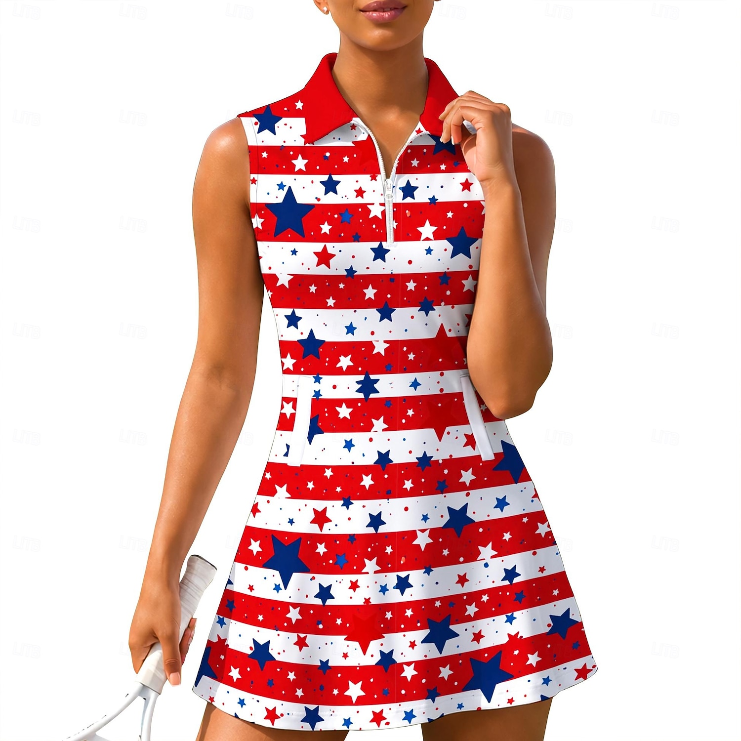 Amerikas 250. Jahrestag Tag der Unabhängigkeit Damen Geometrisch Nationalflagge Tenniskleid Sportkleid Ärmellos Druck Atmungsaktiv Volleyball Tennis Golfspiel Polokragen Reißverschlusskragen Kleid 2026 - $27.99 –P1