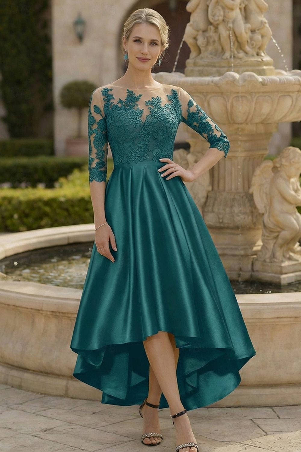 A-linja Epäsymmetrinen Polven yli Juhlamekko Coctail-asu Häävieraspuku Morsiammen äidin asu 3/4 hiha Kauha Tyylikäs Lyhyt ja matala Häävieras Syntymäpäivä Satiini Pitsi kanssa Laskokset Applikaatiot 2026 - $164.99 –P6