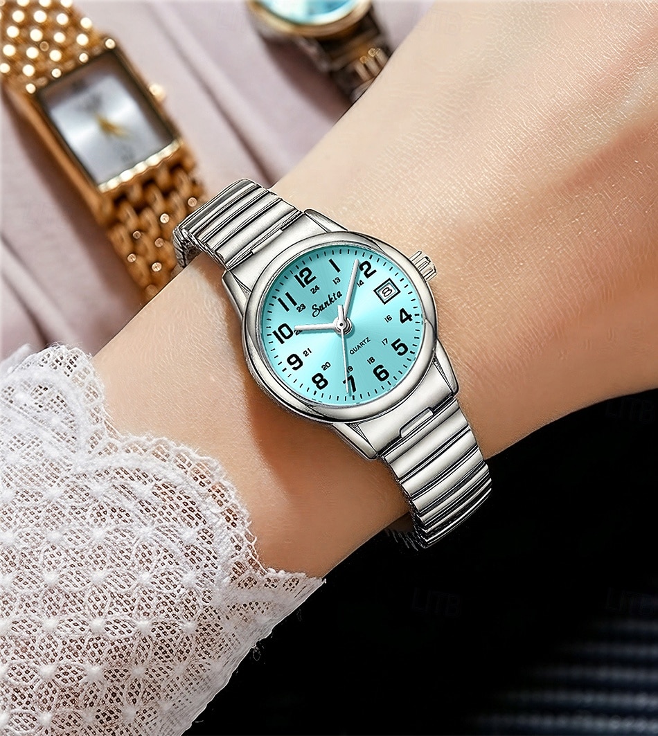 Montre femme facile à lire, à quartz, avec bracelet extensible en acier inoxydable, cadran bleu turquoise avec affichage de la date, étanche, élégante et décontractée, idéale comme cadeau pour femme de 2026 ? $18.99 –P12
