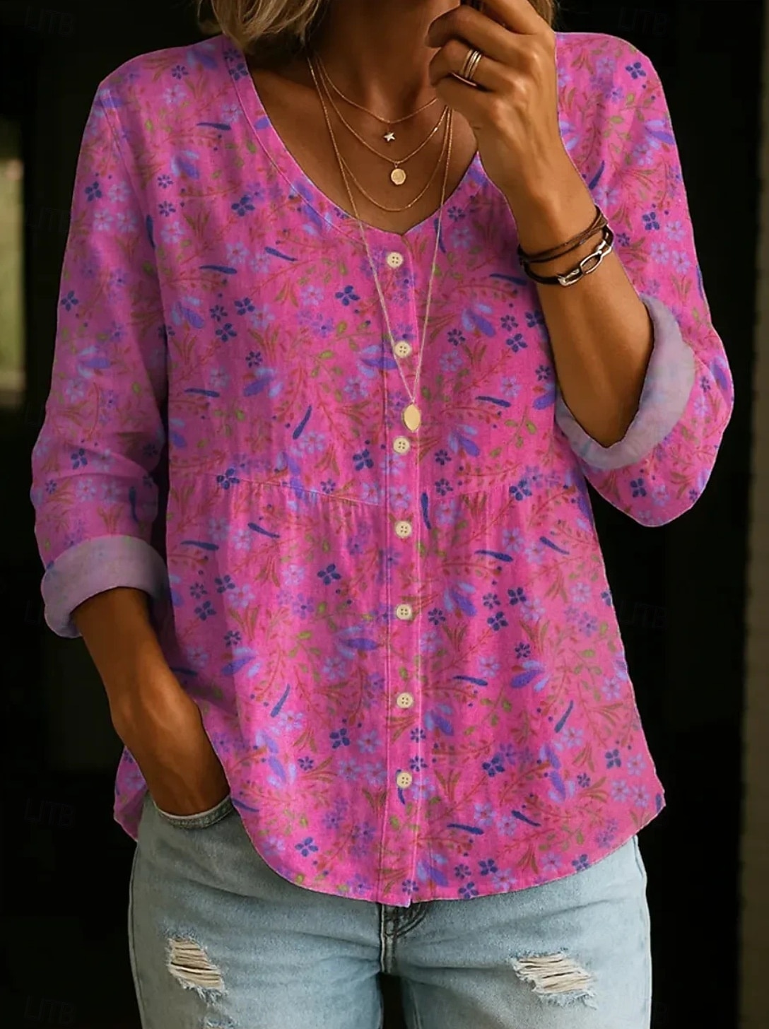 Women's Blouse Buttons Print Floral Graphic Elegant Vacation Vintage Long Sleeve Crew Neck Regular Tops Daily Yellow Pink Purple Fuchsia Orange Summer Spring Fall 2026 - $25.99 –P4