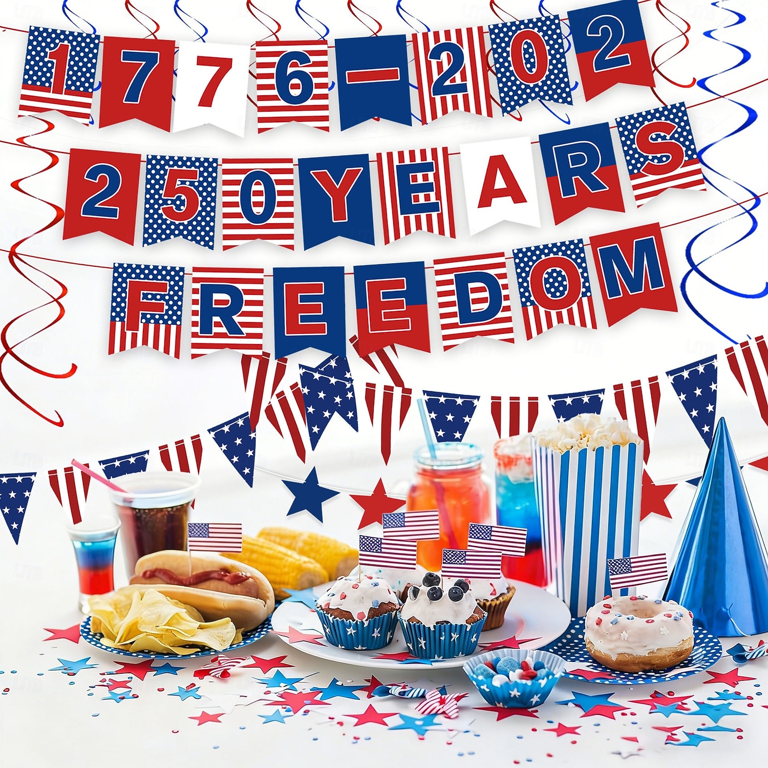 Sada dekorativních bannerů k 250. výročí Dne nezávislosti USA, obsahuje 24 bannerů, 10 vlaječek, 8 stuh, 12 spirálových závěsů a 2 tylové závěsy. &1 ubrus, ideální na oslavy Dne nezávislosti 2026 - $21.99 –P4