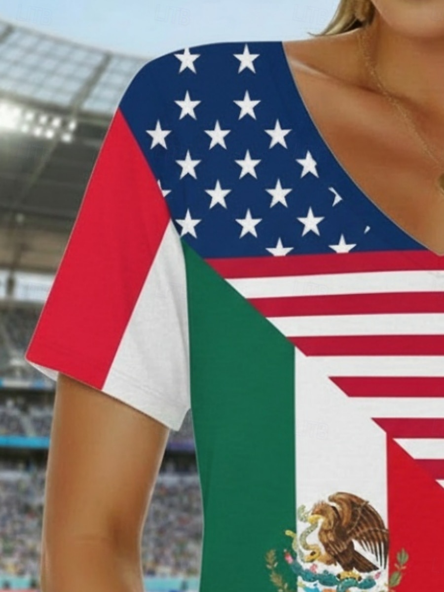 Mulheres Camiseta T-shirt Bloco de cor Imprimir Gráfico Bandeira Bandeiras à moda Clássico Casual Manga Curta Decote V Tops regulares Diário Esportes Para Noite Vermelho Verão Primavera de 2026 por $17.49 –P2