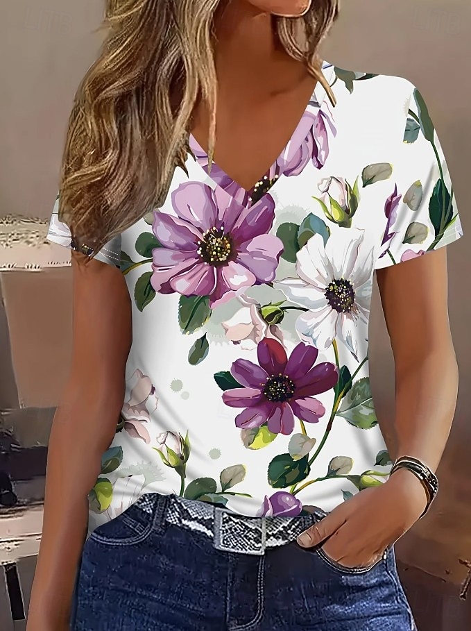 Damen T Shirt Druck Blumen Grafik Pflanzen Stilvoll Klassisch Lässig Kurzarm V Ausschnitt Normale Oberteile Täglich Violett Sommer Frühling 2026 - $21.99 –P1