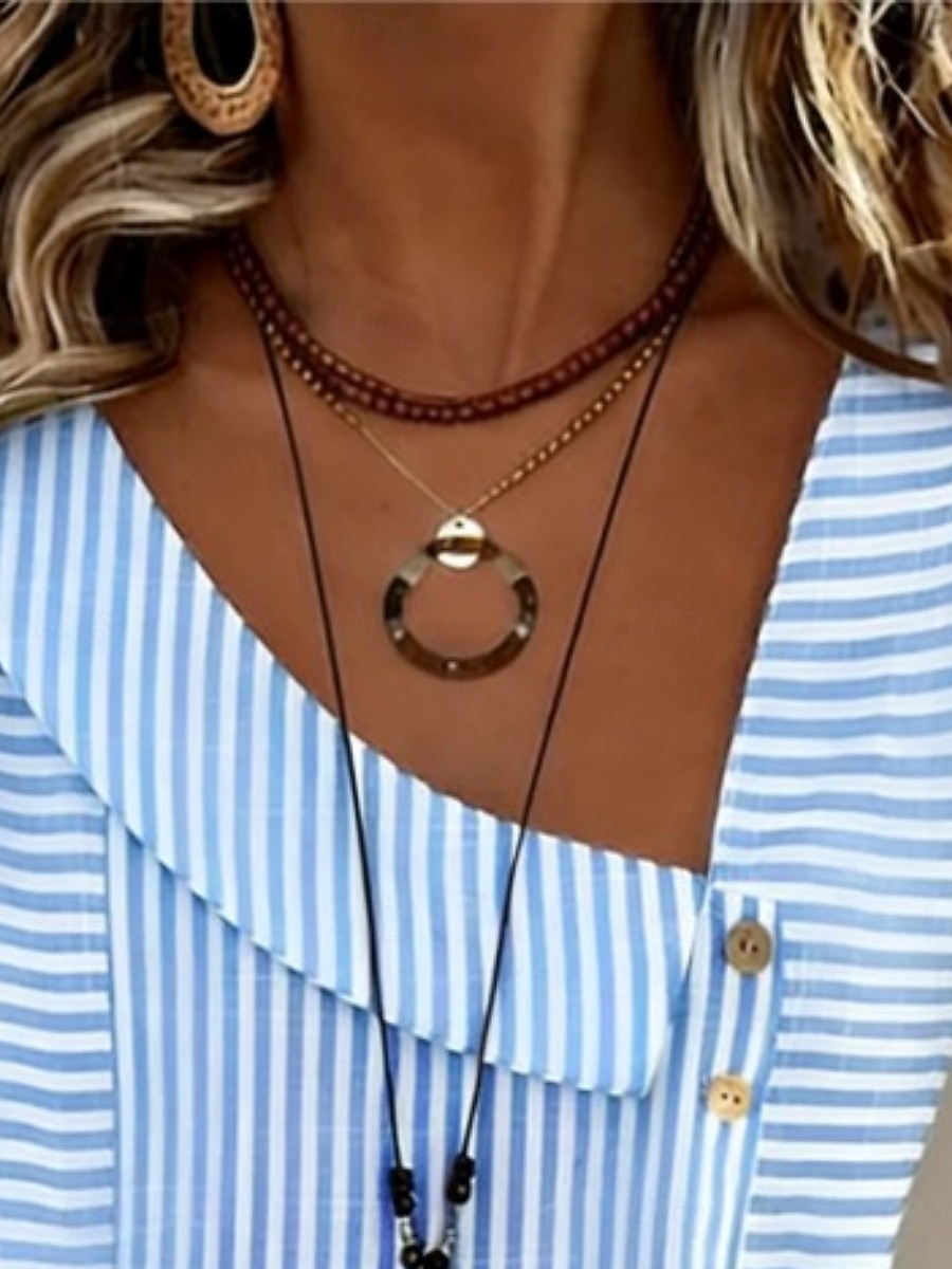 Per donna Maglietta Stampato A righe Moda Elegante Classico Manica Corta Scollo a V Top Regolari Quotidiano Uscire Weekend Blu Estate Primavera del 2026 a $21.99 –P2