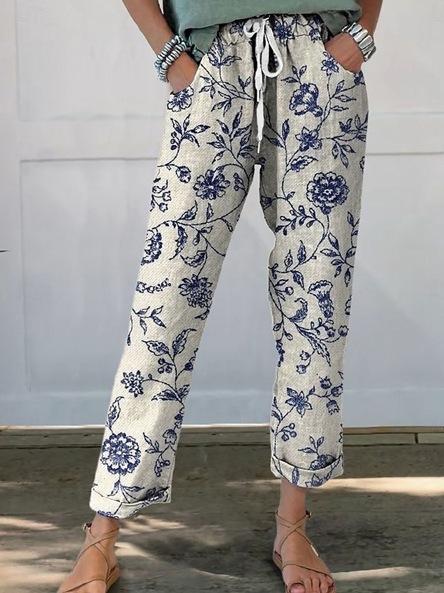 Damen Chinos Gerade Urlaub Streetwear Lässig Volle Länge Mittlere Taillenlinie Blumen Grafik Kordelzug Tasche Drucken Bequem Komfort Atmungsaktiv Mikroelastisch Täglich Outdoor Streetwear Blau 2026 - $24.99 –P6