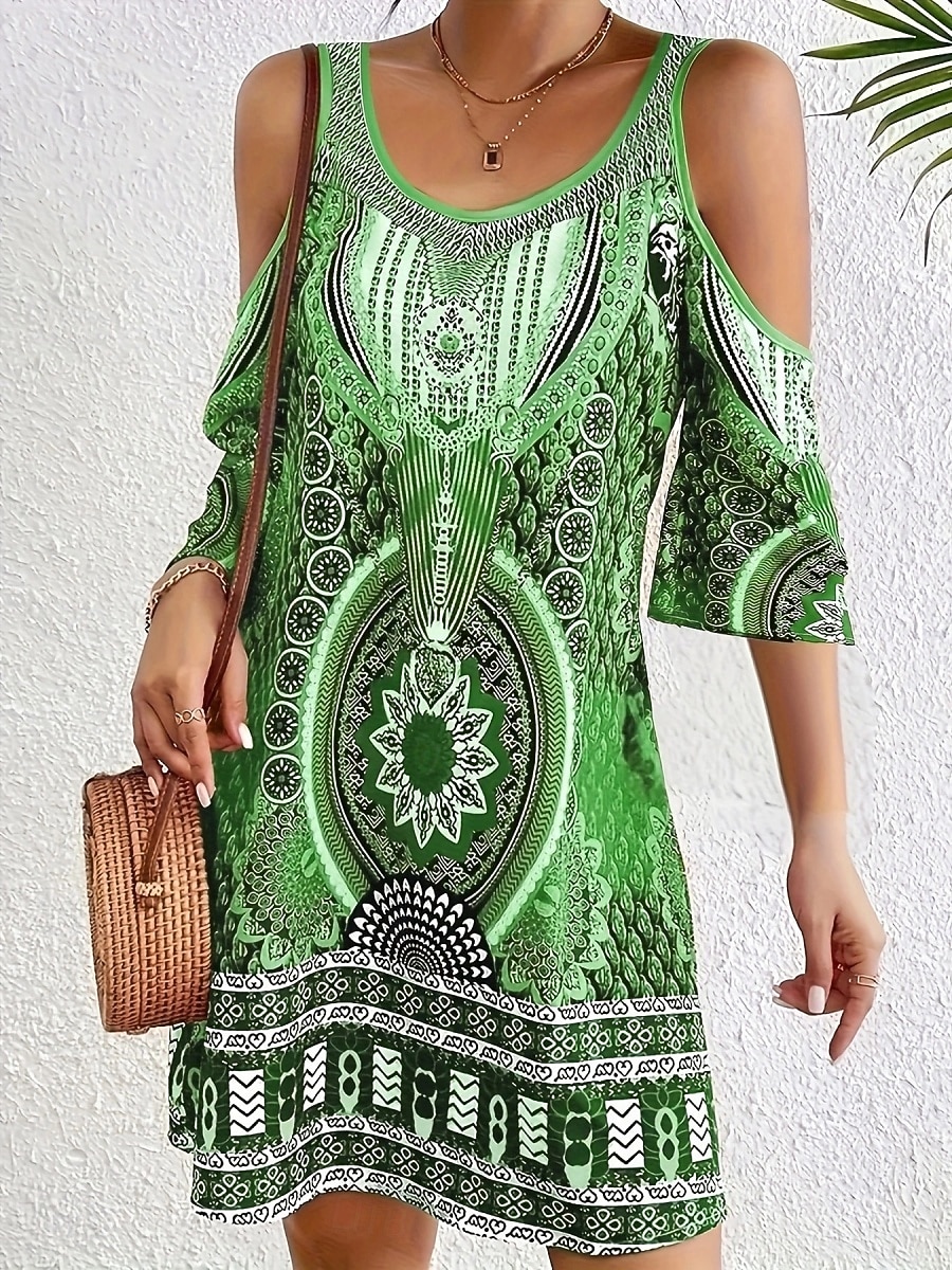Dame Mini kjole Boho-kjole Vintage kjole Uformell kjole Elegant Mote Moderne Feriereise Ut på byen Helg Normal Geometrisk Stamme Halvlange ermer V-hals Blå Lilla Brun Grønn Sommer Vår 2026 - $25.99 –P7