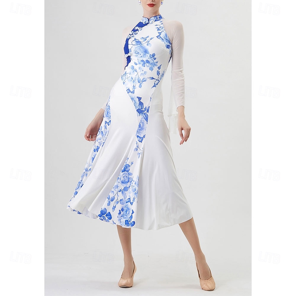 Tiodans Klänning Strass Blomtryck Plisserat Dam Fest Träning Prestanda Långärmad Hög Elastan Polyester 2026 - $305.49 –P1