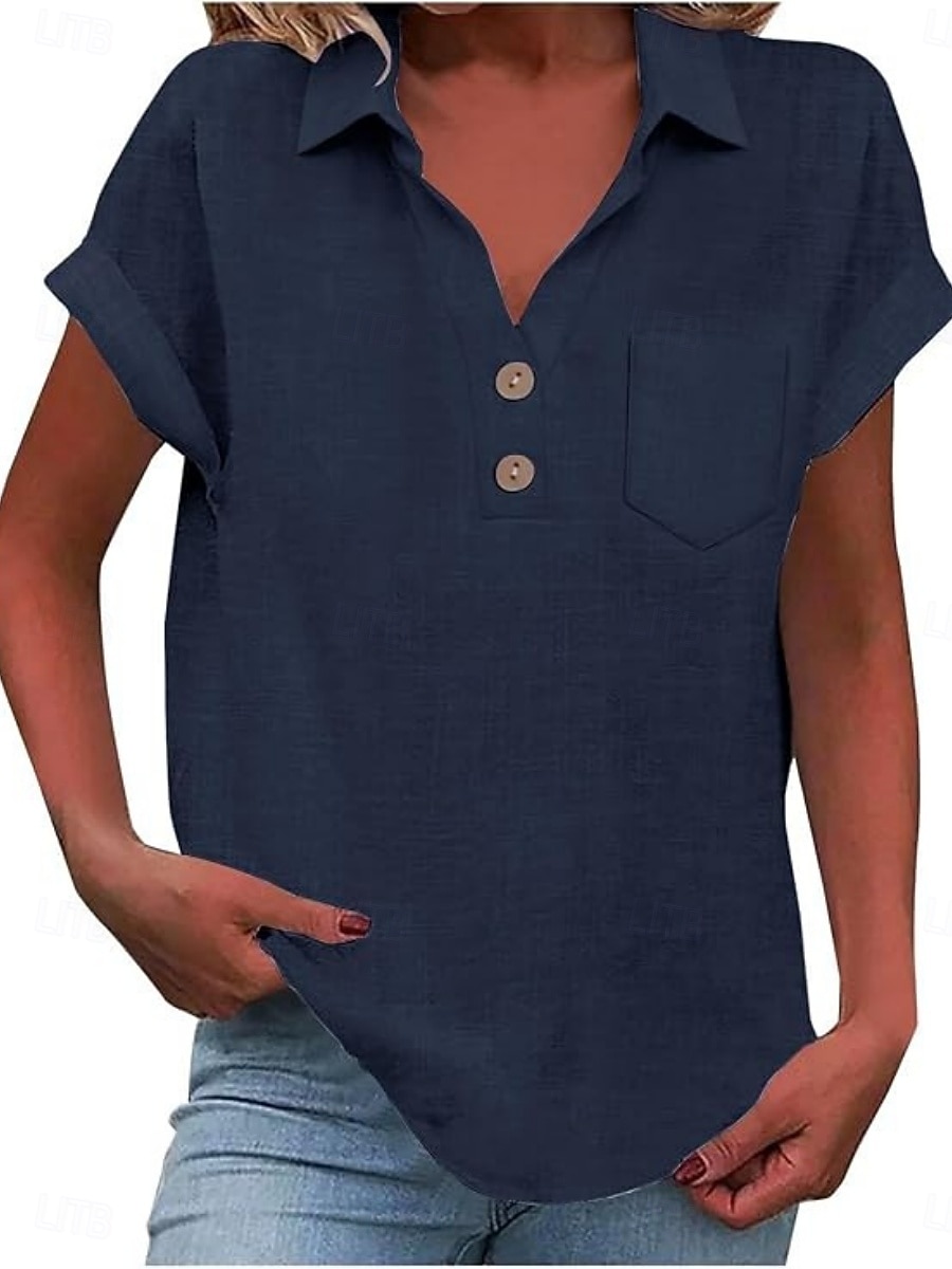 Women's Shirt Blouse Cotton Shirt Buttons Solid Color Vintage Classic Modern Short Sleeve Shirt Collar Regular Tops Daily Holiday Going out White Yellow Navy Blue Sky Blue Light Blue Summer Spring 2026 - $22.99 –P5
