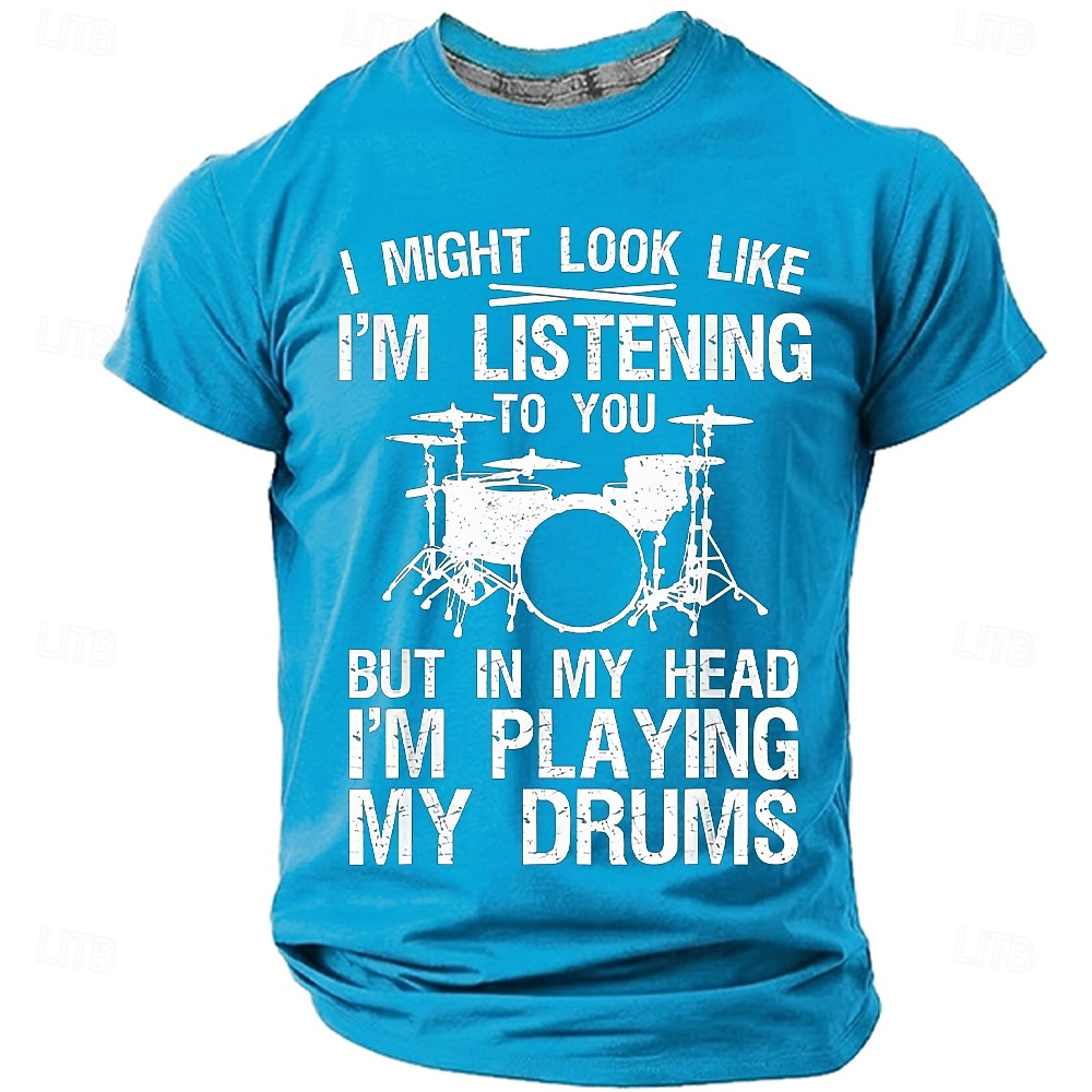 Men's "In My Head I'm Playing My Drums" Funny Drummer Graphic T-Shirt Percussionist Joke Quote Tee Musician Gift Band Practice Gear Distressed Style Casual Short Sleeve Apparel S-3XL 2026 - $21.99 –P3