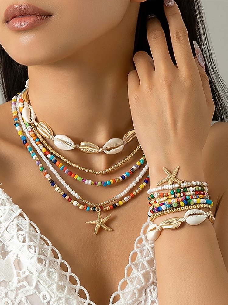 Women's Multi-Layer Beaded Necklace and Bracelet Set with Starfish Pendant – Alloy Material, Bohemian Style, Colorful, Perfect for Vacation, Beach and Daily Casual Wear 2026 - $12.76 –P17