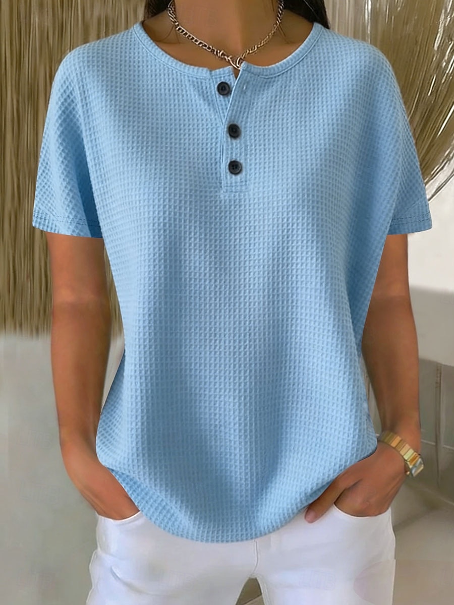 Per donna Maglietta Top a maglia waffle Bottoni Davanti Semplice Moda Elegante Classico Manica Corta Henley Top Regolari Quotidiano Uscire Weekend Blu Estate Primavera del 2026 a $27.99 –P1