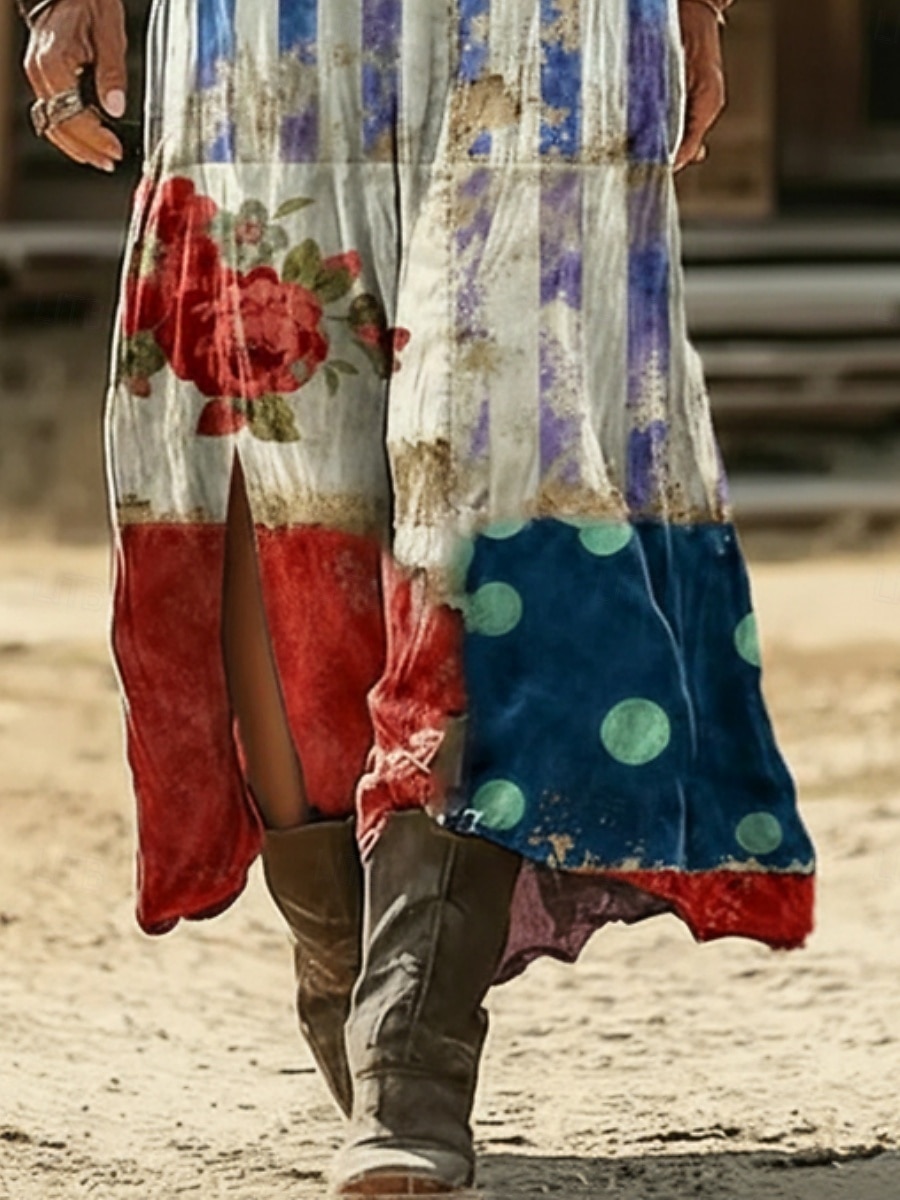 Unabhängigkeitstag Damen Maxikleid Freizeitkleid A Linie Kleid Druckkleid Vintage Outdoor Urlaub Wochenende Normale Passform Flagge Kurzarm V Ausschnitt Rote Sommer Frühling 2026 - $25.99 –P3