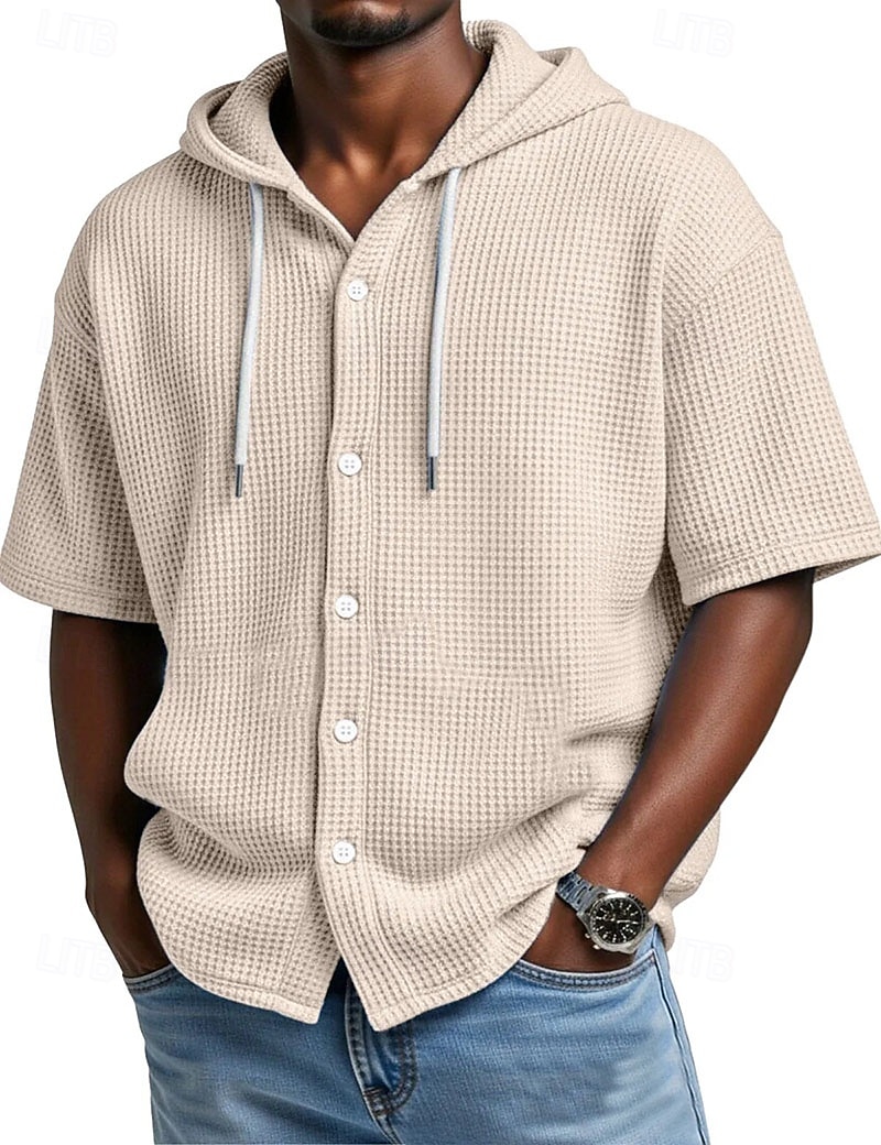 Voor heren Overhemd Wafel Shirt Normaal shirt Overhemd met knopen Wit Korte mouw Effen Kleur Effen Capuchon Casual Dagelijks Lapwerk Kleding Vakantie Modieus Casual 2026 - $30.99 –P6