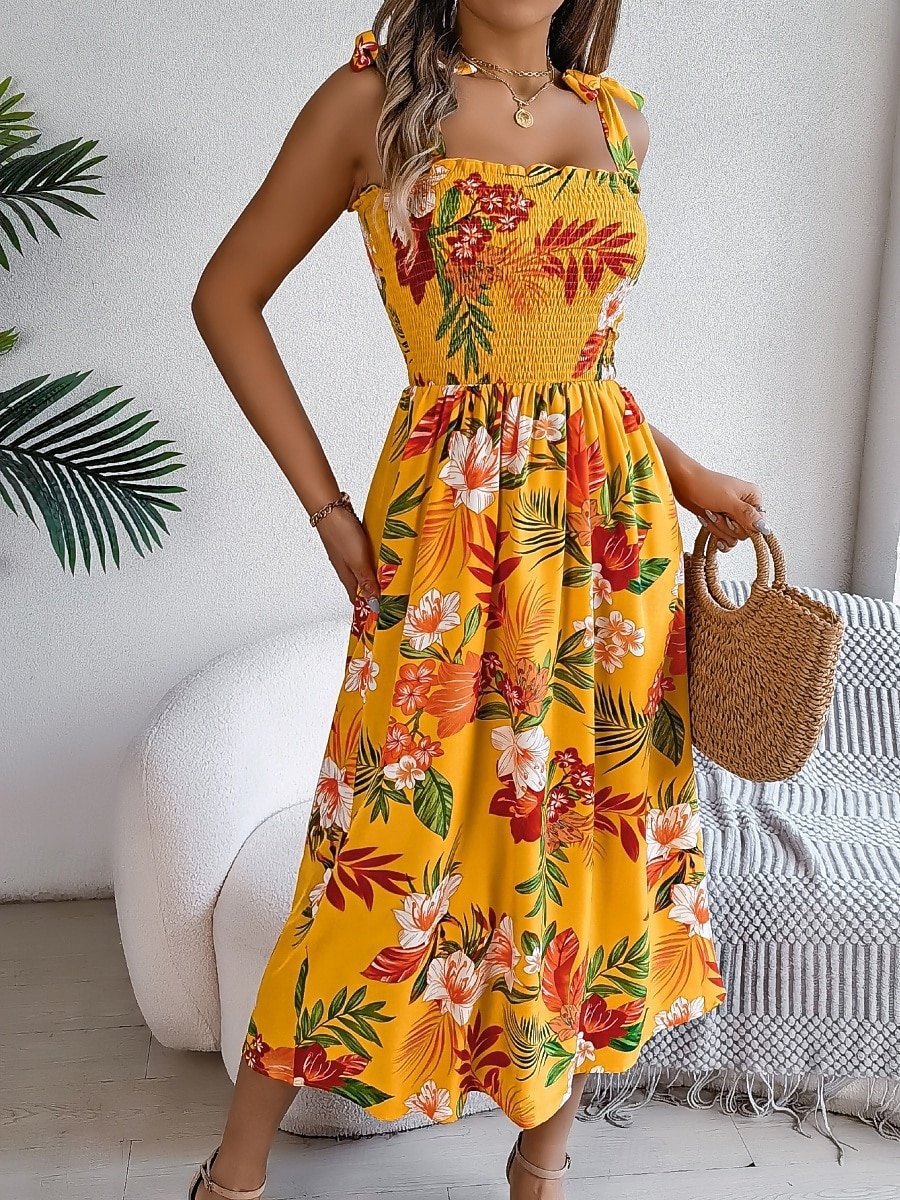 Women's Midi Dress Beach Dress A Line Dress Floral Dress Slip Dress Elegant Fashion Modern Outdoor Beach Vacation Regular Fit Floral Sleeveless Square Neck Blue Yellow Green Summer Spring 2026 - $26.99 –P1