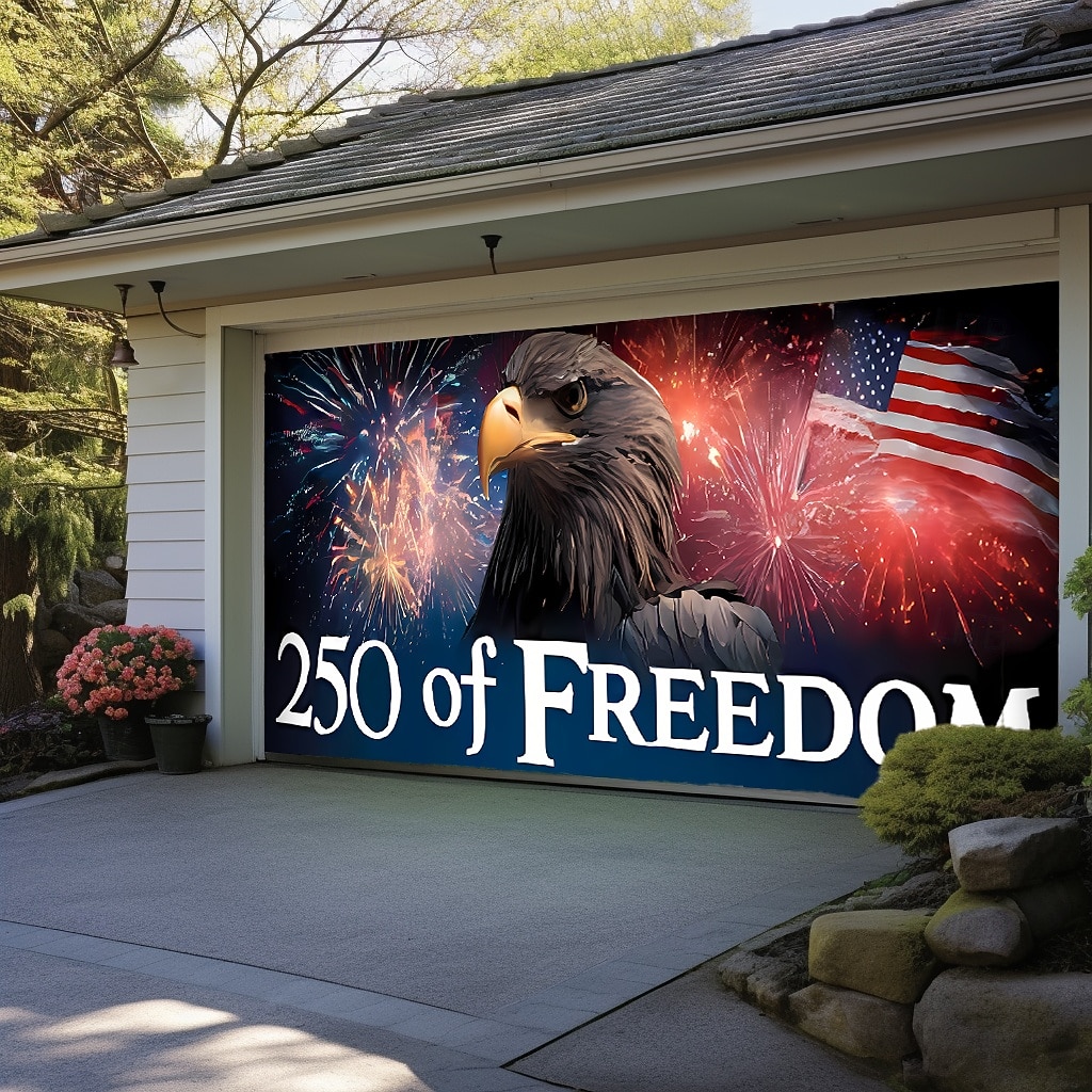 4. juli 2026 250-års minnedag 250 Frihet Bald Eagle Amerikansk flagg fyrverkeri Garasjeport banner utendørs patriotisk dekorasjon uavhengighetsdag 4. juli feiring bakgrunn 2026 - $49.99 –P6