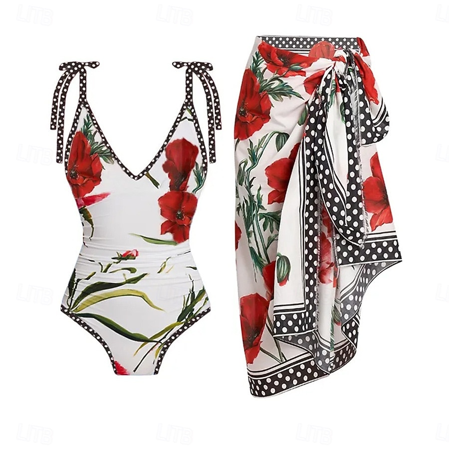Women's Swimwear One Piece Tankini Monokini Skirt Swimsuit Tummy Control High Waist Slim Backless Elegant Vacation Floral V Neck Sleeveless Bathing Suits 2026 - $48.99 –P1
