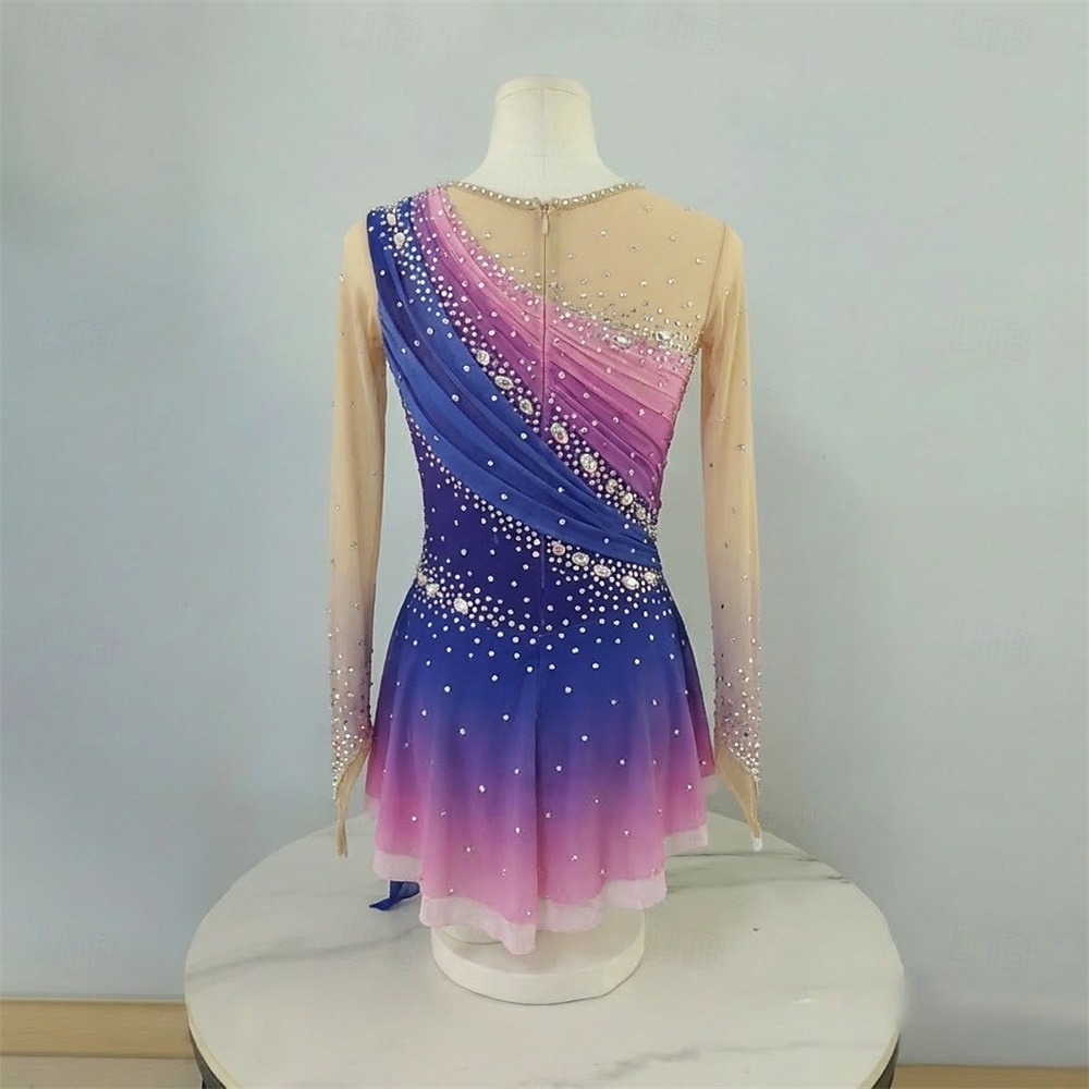 Vestido de patinaje artístico Mujer Patinaje Sobre Hielo Vestidos Azul Piscina Rosado Retazos Dedo Pulgar Elástico Entrenamiento Competición Ropa de Patinaje Clásico Cristal / Strass Manga Larga 2026 - $275.89 –P2