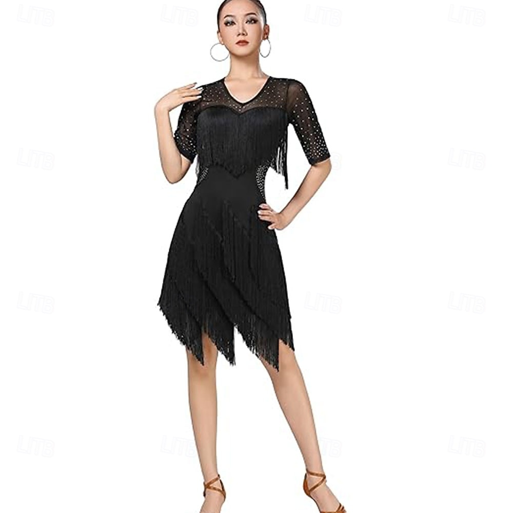 Baile Latino Vestido Pedrería Borla Mujer Fiesta Entrenamiento Rendimiento Media Manga Cintura Alta Nailon Encaje Licra 2026 - $96.99 –P9