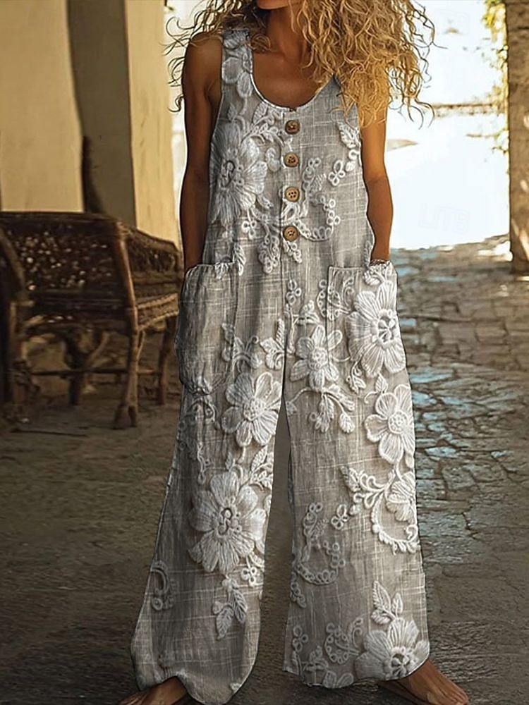Women's Jumpsuit Active Floral Sleeveless U Neck Pocket Buttons Daily Vacation Loose Fit Khaki Gray Summer 2026 - $29.99 –P1