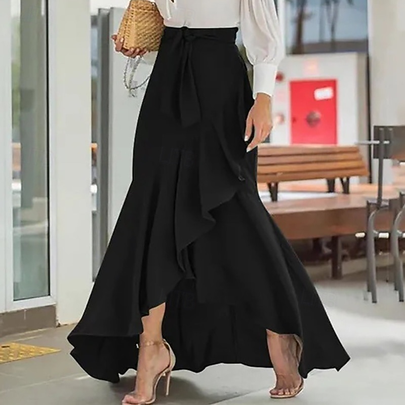 Dames Vakantierok Elegant Modieus Casual Maxi Medium taille Rokken Effen Trekkoord Ruche Elastische taille Micro-elastisch Dagelijks Straat Zwart Wijn Groen Zomer 2026 - $26.99 –P1
