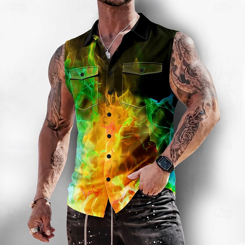 Per uomo Illusione ottica Fiamma Bagliore al neon Camicia Camicia con Bottoni Maglietta senza maniche Senza Maniche Moda Casual All'aperto Vacanza Estate Primavera Collo ripiegato Stampa 3D Due del 2026 a $25.99 –P2