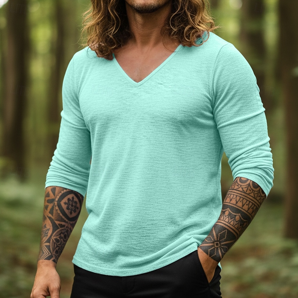 Herren T Shirt T-Shirt Langarmshirt Langarm V Ausschnitt Sommer Frühling Einfach Mode Designer Basic Klassisch Urlaub Straße Ausgehen Schwarz Violett Himmelblau Top T-Shirt für Herren 2026 - $16.49 –P7