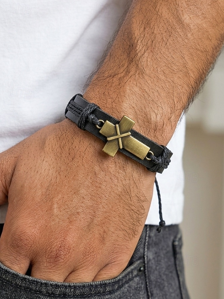 Herrarmband med bohemiskt kors i läder, äkta läder och legering, vintage-stil, justerbar längd, svart och brunt, perfekt för utomhusresor, vardagsbruk och fritidsbruk 2026 - $7.99 –P3