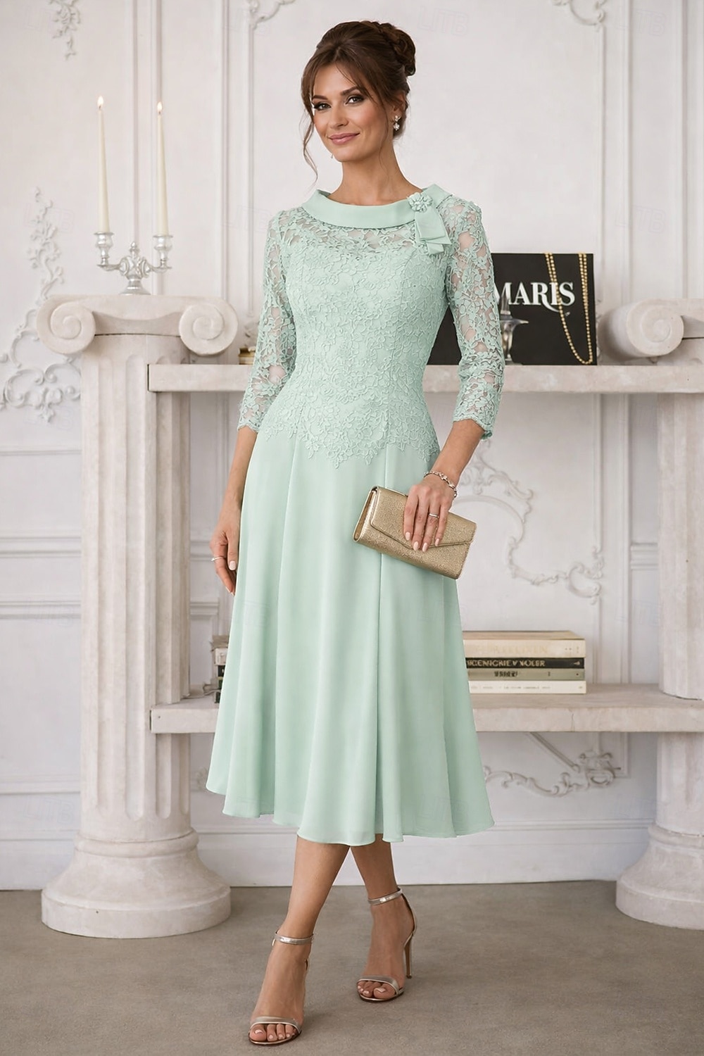 Strak kolom Over de knie Feestjurk Cocktail jurk Bruiloft gast jurk Moeder van de bruid jurk 3/4 mouw Ronde hals Feest Zoet Bruiloft gast Semi formeel Chiffon Kant met Plooien Kralen 2026 - $162.99 –P4