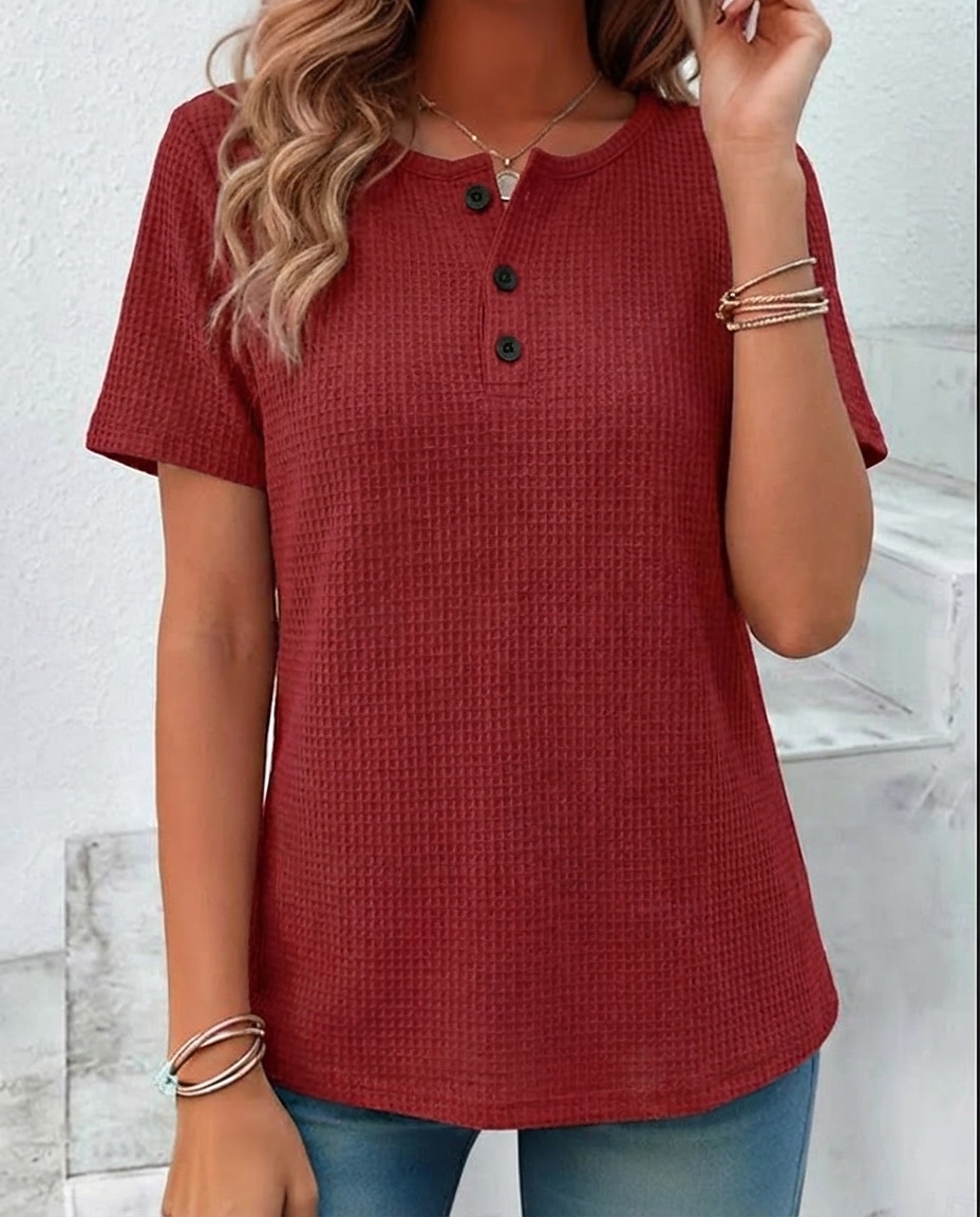 Mujer Camiseta Tops de verano Tops de punto gofre Botón frontal Graphic Plano Elegante Clásico Manga Corta Cuello Barco Tops regulares Diario Noche Ropa de playa Negro Blanco Amarillo Rojo Naranja 2026 - $27.99 –P3