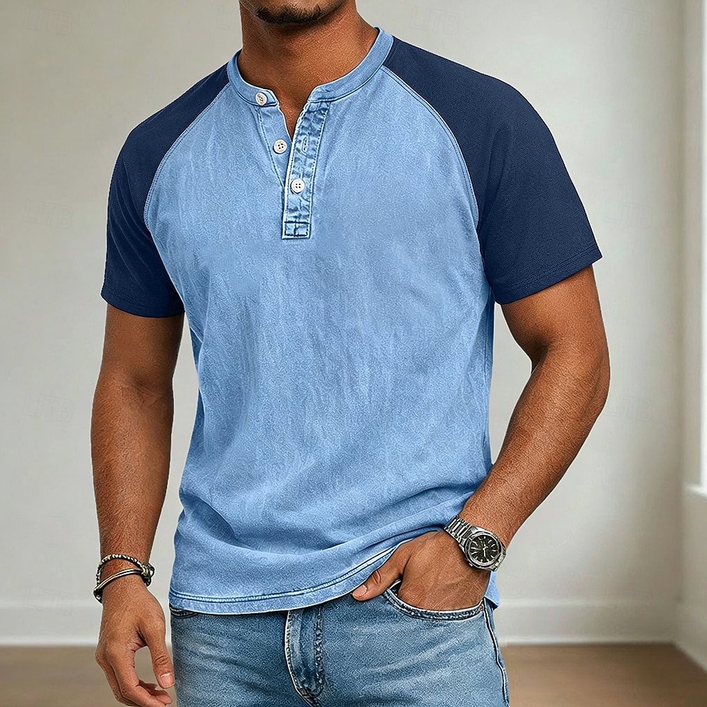 Per uomo Maglia Henley Camicia 100% cotone lavaggio acido Manica Corta Henley Primavera & Estate Estate Primavera Blocco di colori Patchwork Retrò Vintage Casual Henley Patchwork Stile Vintage Blocco del 2026 a $31.99 –P1